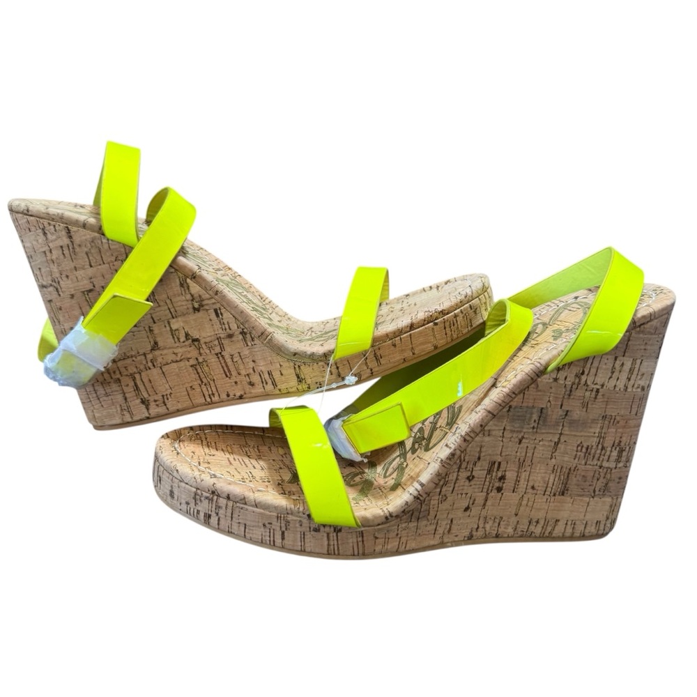 Neon Yellow Cork Wedge Sandals - Women's Open Toe Slip-On